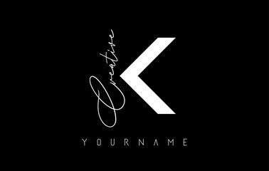 Creative K logo with cuts and handwritten text concept design. Letter with geometric design.
