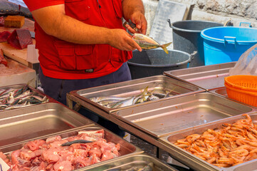 fish market in city , lifestyle of a marine port worker closeup
