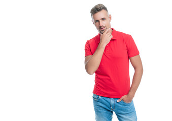 Fototapeta premium handsome man with hoary hair in red shirt isolated on white background