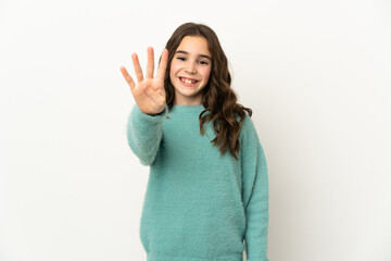 Little caucasian girl isolated on white background happy and counting four with fingers