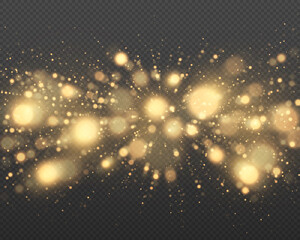Golden sparkle lights twinkle isolated on transparent background. Golden blurred lights, bokeh and particles. Glitter light background.