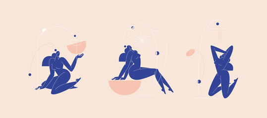 Contemporary woman silhouette vector illustration set. Nude female body, blue colored feminine figure with geometric shape abstract composition.Beauty, body care concept pack for branding. Modern art