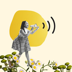 Young girl in retro style outfit with megaphone isolated on abstract background. Contemporary art collage. Inspiration, idea, trendy.