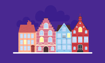 Scandinavian houses. View at night. Vector illustration.