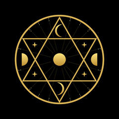 Magic circle with star of david and moon phases golden boho on black background vector design.