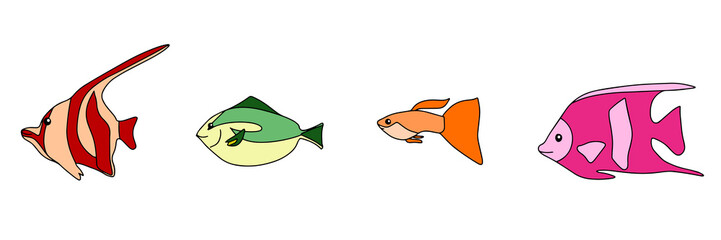 Fish icon set line. Cute cartoon kawaii funny character. Baby kids collection. Aquarium sea ocean animals. Marine life. White background. Isolated. Flat design. Vector illustration