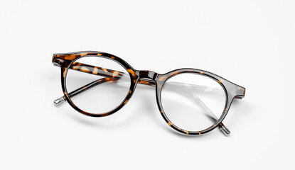 Stylish leopard-colored eyeglasses on a white background