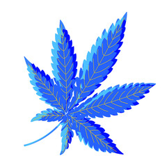 Marijuana blue leaf on a white background. Drawing of a narcotic plant for printing. Vector.