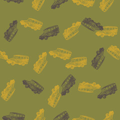 Safari bus engraved seamless pattern. Vintage adventure off road car in hand drawn style. © Purple_Lamp