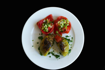 Traditional Turkish Rice Stuffed Bell Peppers With Sallad Top View