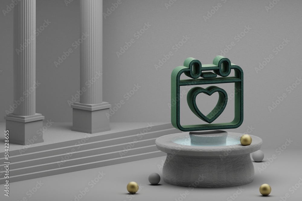 Poster Beautiful abstract illustrations Green Calendar with heart symbol icon on a fountain and column background. 3d rendering illustration. Mothers Day.