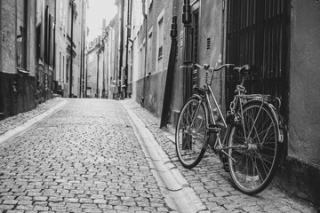 Vintage bike in old cobbled street of Stockholm