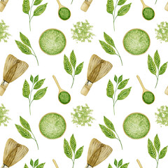 Matcha tea elements watercolor seamless pattern. 