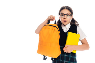 Shocked schoolkid holding books and backpack isolated on white.