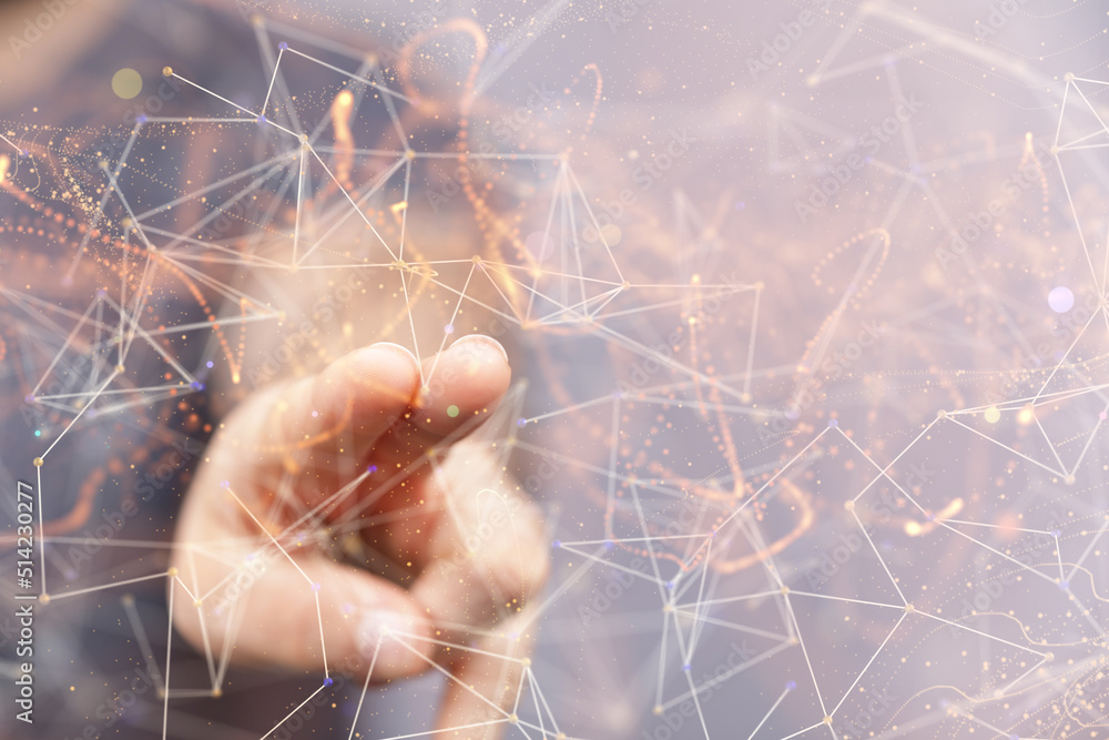 Poster Global network. Blockchain. 3D illustration. Neural networks and artificial intelligence. Abstract