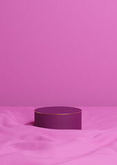 Bright magenta, neon pink 3D rendering minimal product display one luxury cylinder podium or stand on wavy textile product background wallpaper abstract composition with golden line