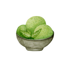 Watercolor illustration of ice cream made from matcha tea.