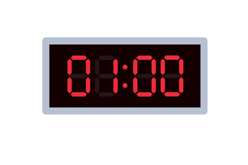 Vector flat illustration of a digital clock displaying 01.00 . Illustration of alarm with digital number design. Clock icon for hour, watch, alarm signs