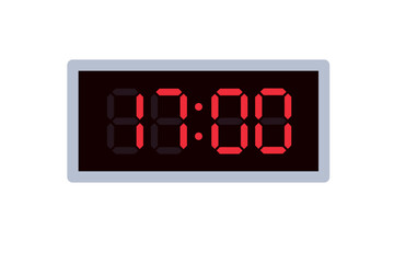 Vector flat illustration of a digital clock displaying 17.00 . Illustration of alarm with digital number design. Clock icon for hour, watch, alarm signs