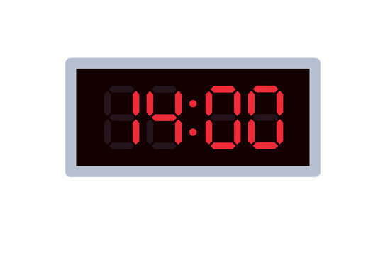 Vector flat illustration of a digital clock displaying 14.00 . Illustration of alarm with digital number design. Clock icon for hour, watch, alarm signs
