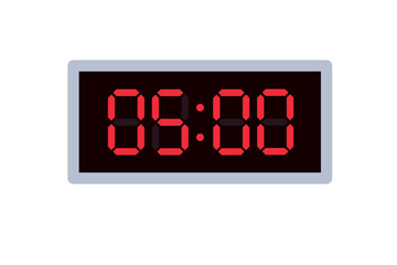 Vector flat illustration of a digital clock displaying 05.00 . Illustration of alarm with digital number design. Clock icon for hour, watch, alarm signs