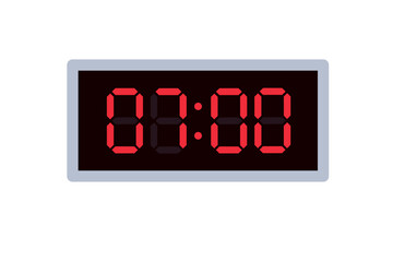 Vector flat illustration of a digital clock displaying 07.00 . Illustration of alarm with digital number design. Clock icon for hour, watch, alarm signs