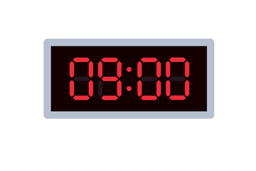 Vector flat illustration of a digital clock displaying 09.00 . Illustration of alarm with digital number design. Clock icon for hour, watch, alarm signs