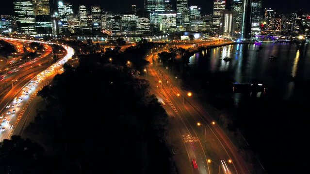 Hyperlapse of Perth City at night in peak hour traffic pushing forward