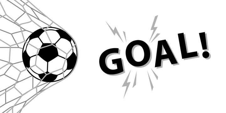 Soccer ball in goal. Football game match goal moment with ball. Goal net. Template for football and soccer game, tournament, championship, poster. Vector illustration