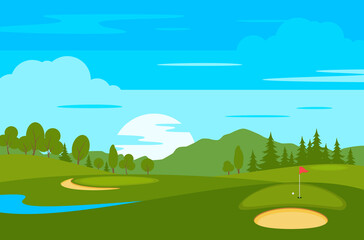 Golf course with flags, sand bunker and greens.