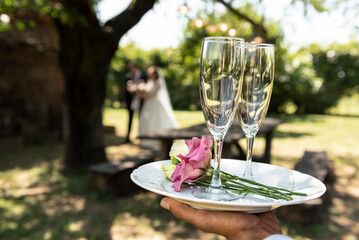 Wedding toast. Waiter with glasses for the bride and groom's toast.