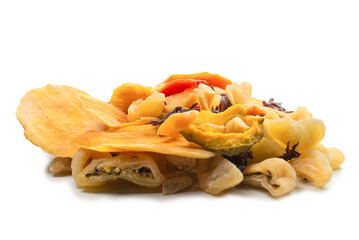 Mix of dried exotic fruit, mangos,slices of pineapples, passion fruit, papaya.