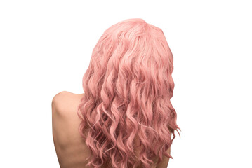 Woman with pink and curly hair.