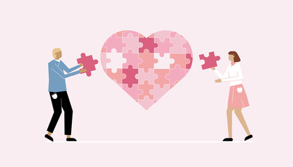 Couple assembling heart symbol from puzzle pieces. Love, togetherness and romance concept. Young loving couple standing and forming huge heart puzzle from pieces together, vector illustration.