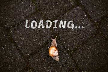 Loading, downloading, slow internet speed concept with word loading and Brown garden snail crawling the road - obrazy, fototapety, plakaty
