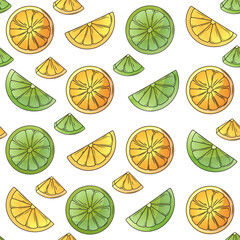 Vector seamless pattern with slice of lemon and lime isolated on white background. Hand-drawn bright illustration for fabric, packaging design, decoration of cover, textile. Fruit pattern.