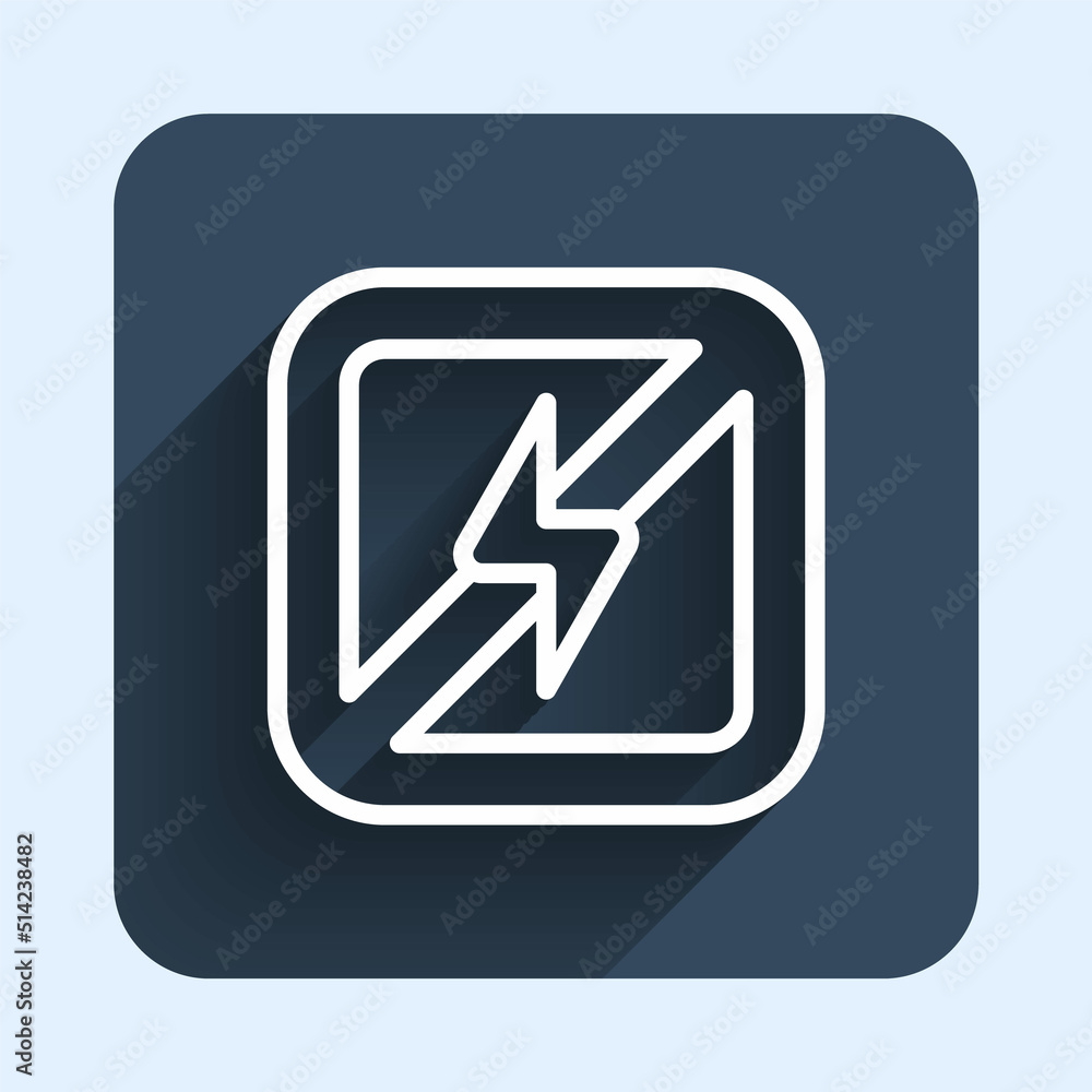 Poster white line no lightning icon isolated with long shadow background. no electricity. blue square butto