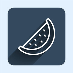 White line Watermelon icon isolated with long shadow background. Blue square button. Vector