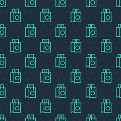 Green line Paper shopping bag icon isolated seamless pattern on blue background. Package sign. Vector