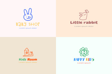 Logo collection baby illustration cute minimalistic snail, rabbit, flower.