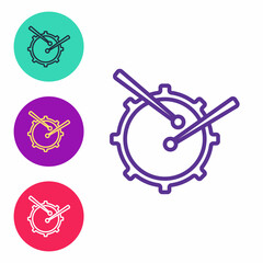 Fototapeta premium Set line Drum with drum sticks icon isolated on white background. Music sign. Musical instrument symbol. Set icons colorful. Vector