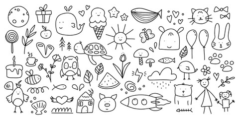 Hand drawn doodle set for kids. Funny childish line elements pencil drawing for decoration, wrapping paper. Vector art