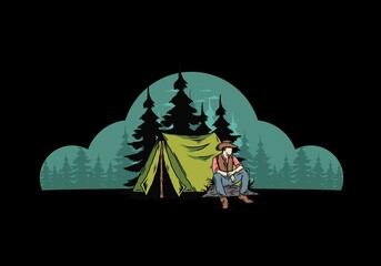 Man wearing a cowboy hat sitting in front of the tent illustration