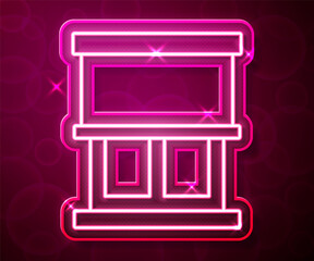 Glowing neon line Window with curtains in the room icon isolated on red background. Vector