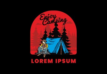 Man wearing a cowboy hat sitting in front of the tent illustration