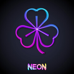 Glowing neon line Clover icon isolated on black background. Happy Saint Patrick day. Vector