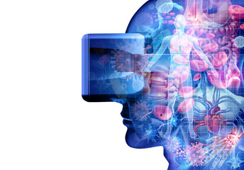 Remote medicine and Virtual reality healthcare and medical education technology  as the human body and disease seen through a VR headset as a health care exploration simulation