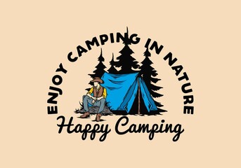 Man wearing a cowboy hat sitting in front of the tent illustration