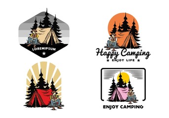 Man wearing a cowboy hat sitting in front of the tent illustration