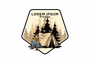 Man wearing a cowboy hat sitting in front of the tent illustration